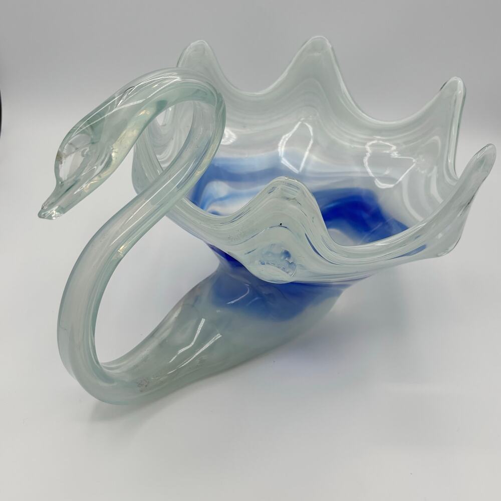 Vintage Murano Style Hand Blown Art Glass Swan Bowl - Blue Swirl - 12"